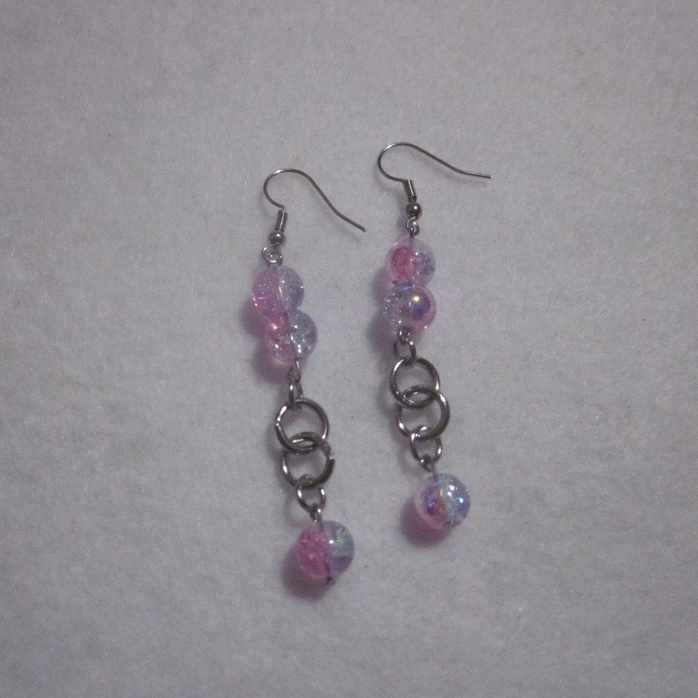 Pink and Clear Two Tone Crackle Dangle Earrings.